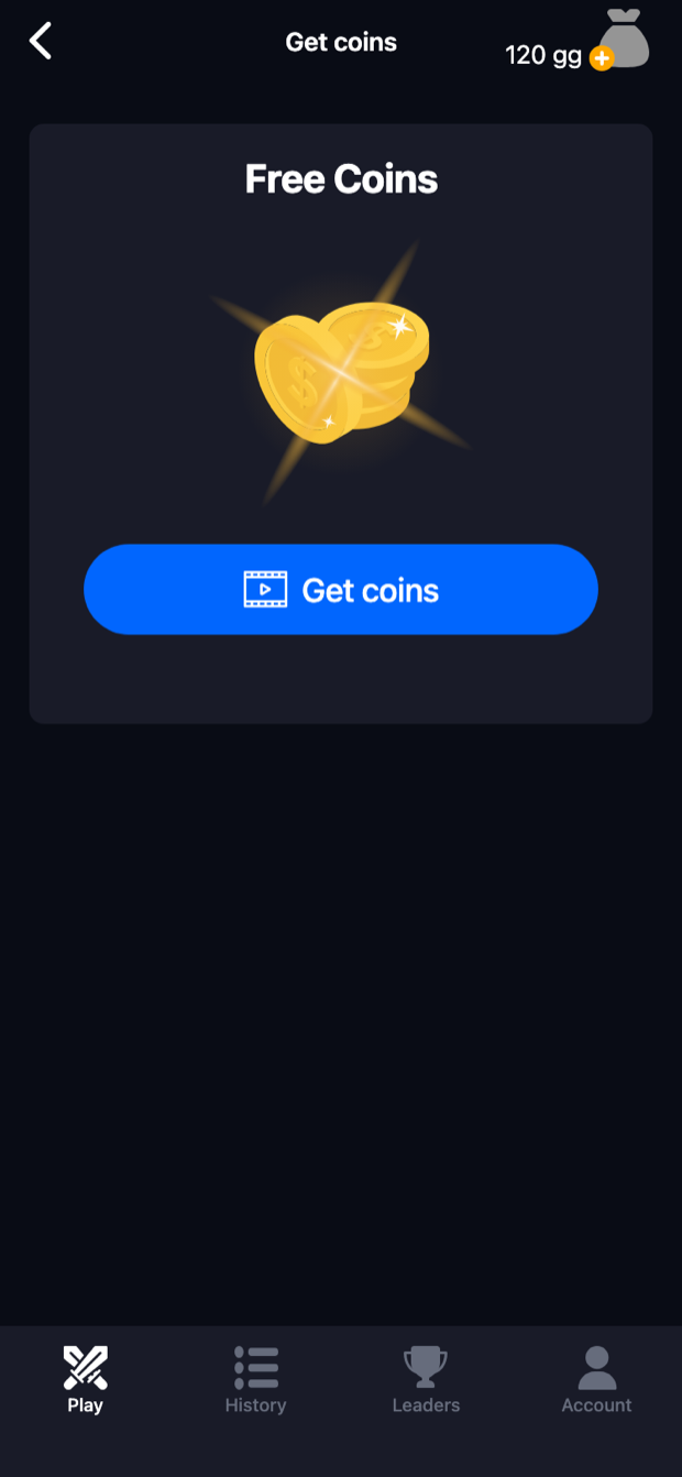 Get coins screen with the free coins button