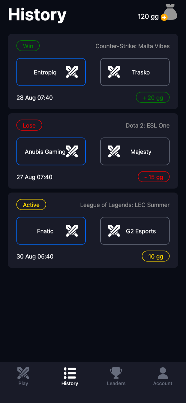History screen with a won, a lost and an active prediction