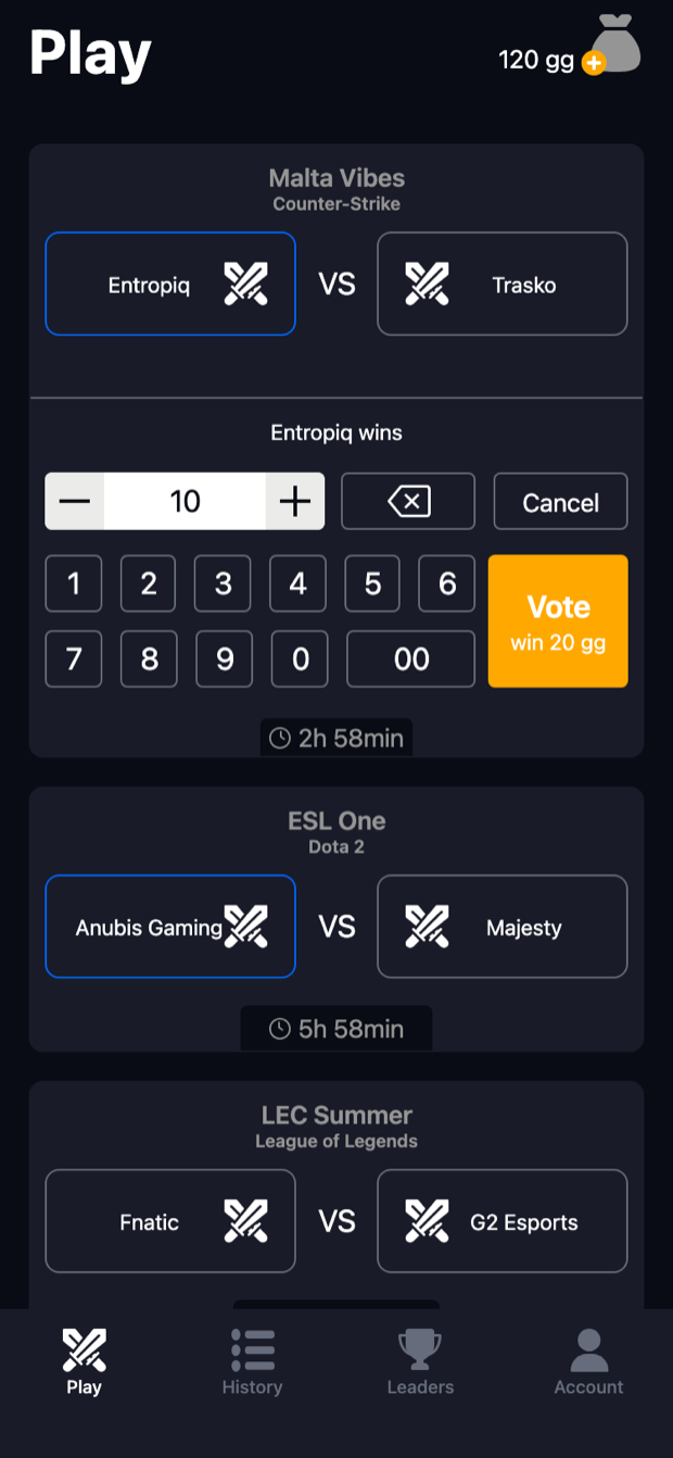 The Play screen with a 10 gg stake entered on Entropiq and the Vote button reading “win 20 gg”