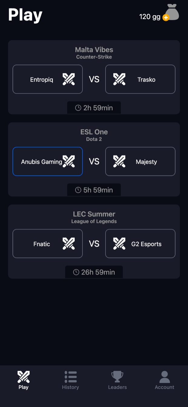 Play screen listing three upcoming matches with countdowns